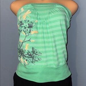 XS Green Strapless Top with Floral Design
